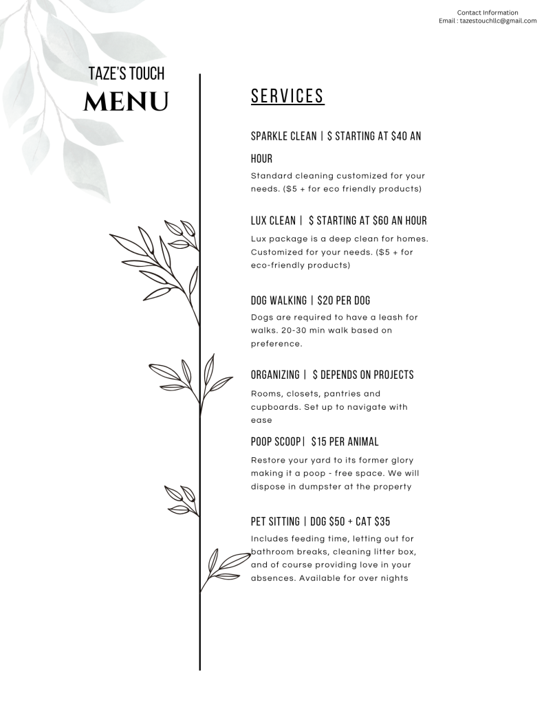 Tazes Touch Services Menu